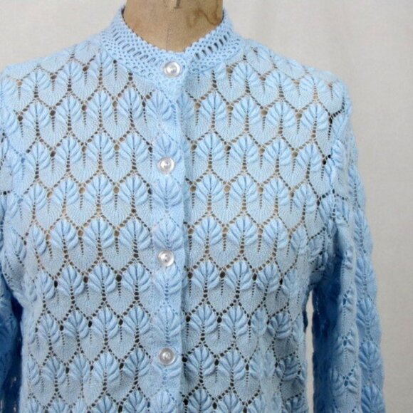 Vintage 70s Blue Sweater Cardigan Lane Bryant Medium Long Rockabilly School Girl - Picture 5 of 10